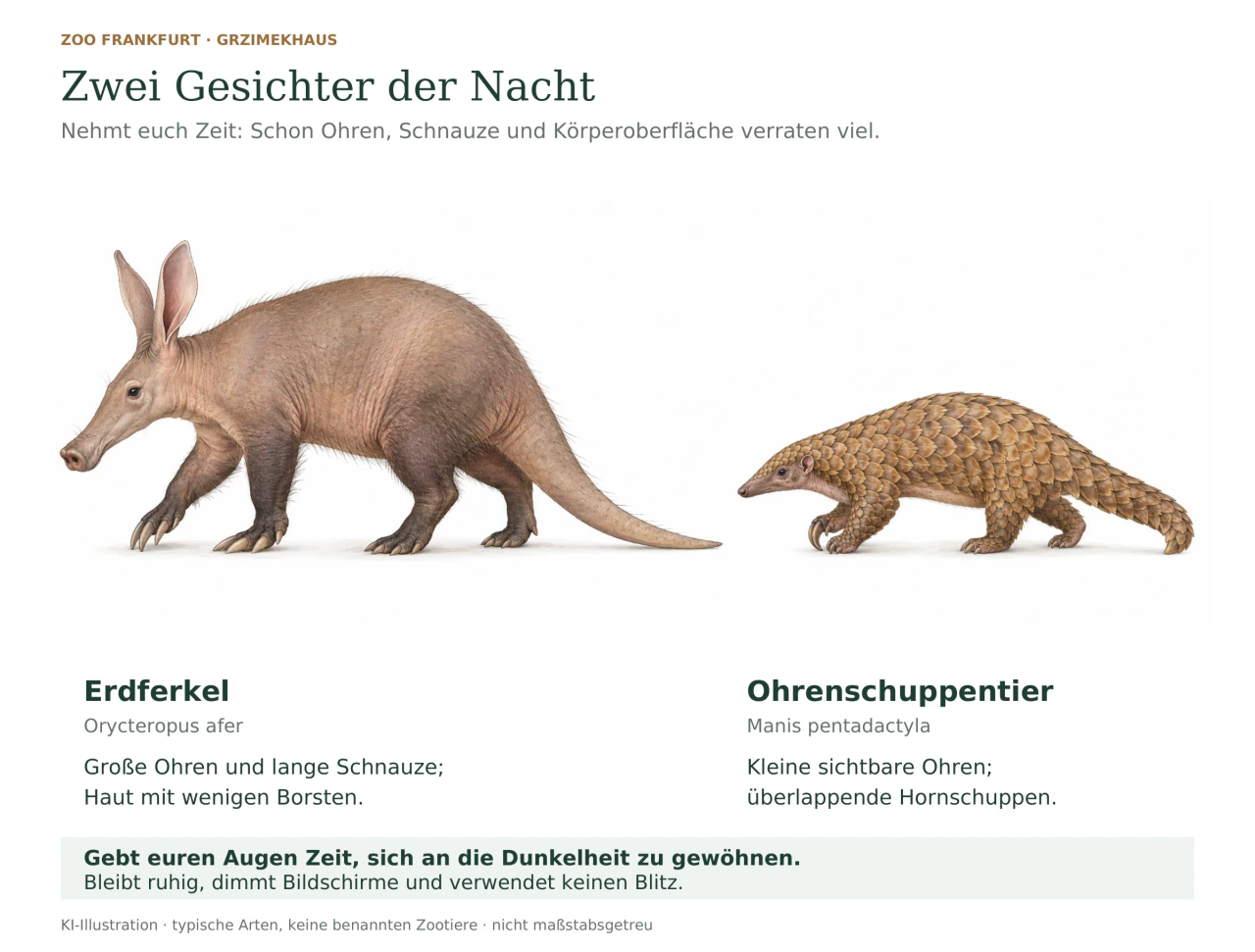Links ein Erdferkel mit großen Ohren, röhrenförmiger Schnauze und spärlich behaarter Haut; rechts ein Ohrenschuppentier mit kleinen Ohren, kräftigen Krallen und braunen Schuppen.