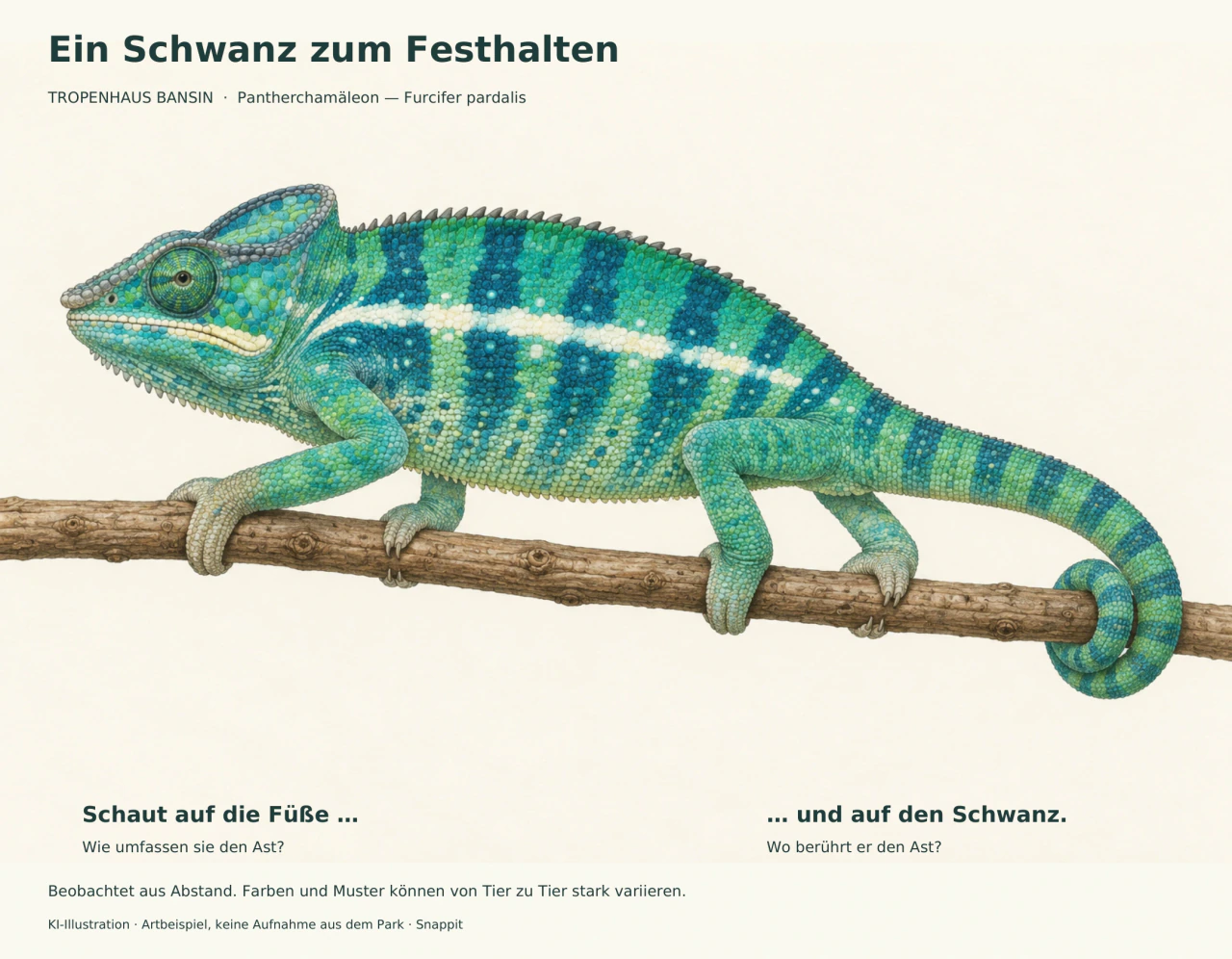 Türkisgrünes Pantherchamäleon auf einem Ast, mit greifenden Füßen und einem um den Ast gewickelten Schwanz.