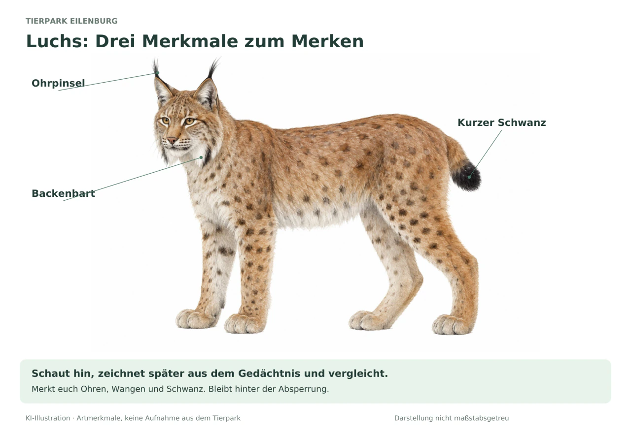 Seitenansicht eines gefleckten Eurasischen Luchses. Drei Beschriftungen weisen auf Ohrpinsel, Backenbart und den kurzen Schwanz mit schwarzer Spitze.