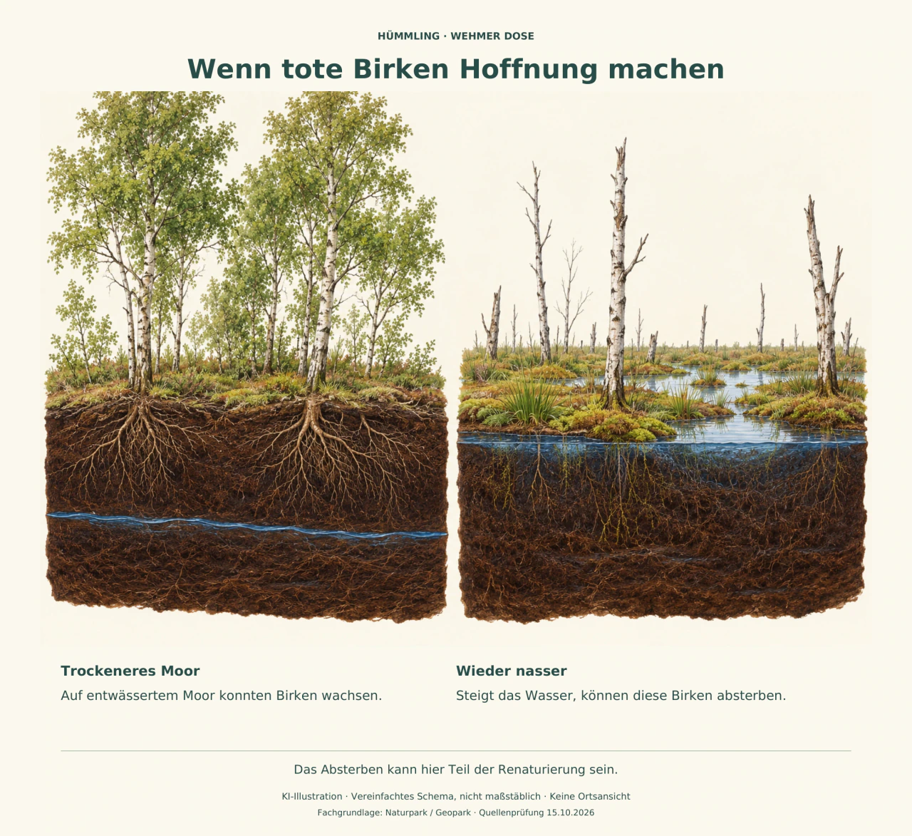 Zwei schematische Moorschnitte: links belaubte Birken bei niedrigem Wasserstand, rechts abgestorbene Stämme über wieder nassem Torf.