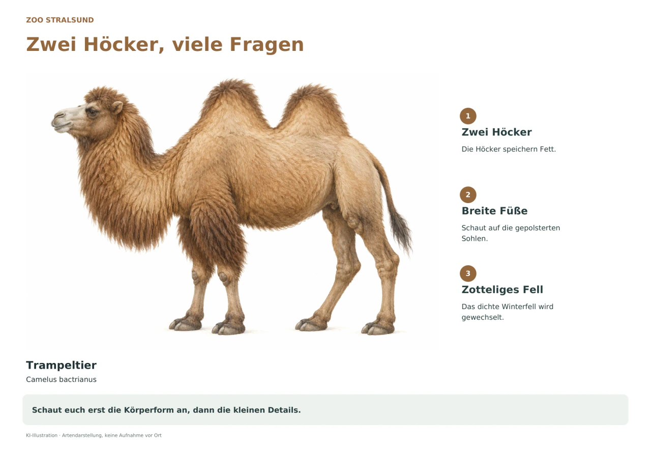 Eine naturkundliche Illustration zeigt ein stehendes, braunes Trampeltier mit zwei Höckern, zotteligem Fell und breiten Füßen. Deutsche Hinweise erklären den Fettspeicher in den Höckern, die gepolsterten Sohlen und den Wechsel des Winterfells.