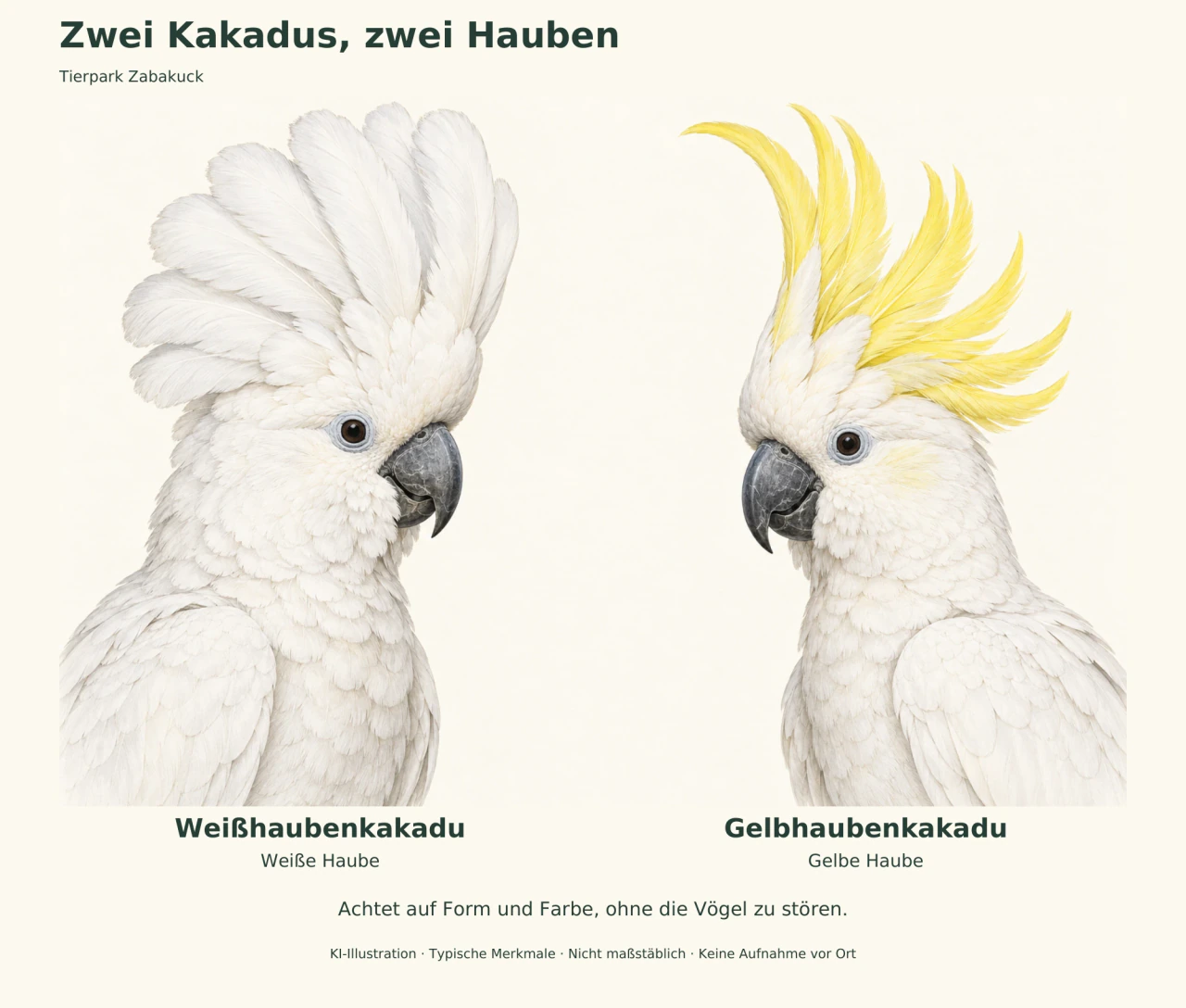 Zwei gezeichnete weiße Kakadus mit aufgerichteten Hauben: links eine breite weiße Haube, rechts eine gelbe.