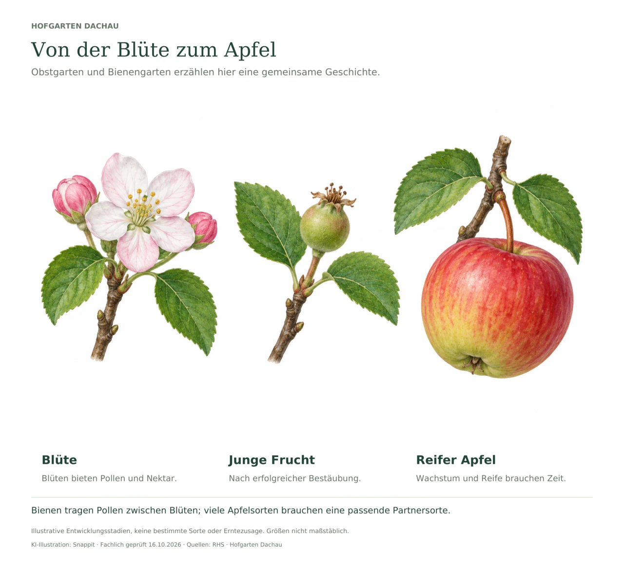 Drei botanische Zeichnungen: eine weißrosa Apfelblüte mit fünf Blütenblättern, eine kleine grüne Frucht mit vertrockneten Blütenresten und ein reifer rotgelber Apfel.