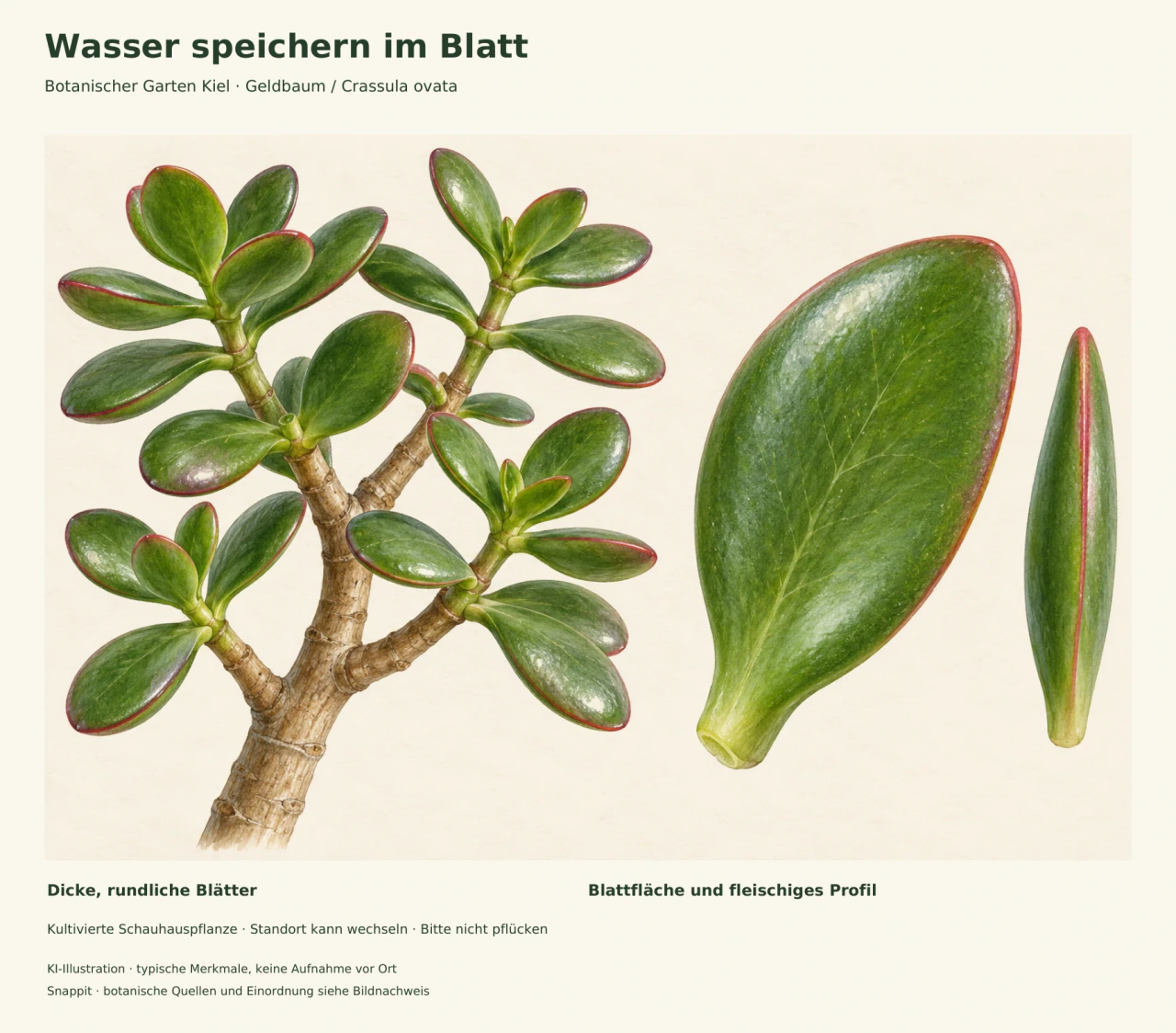 Botanische KI-Illustration eines verzweigten Geldbaums mit paarigen dicken grünen Blättern und rötlichen Rändern; rechts vergrößerte Blattfläche und Seitenprofil.