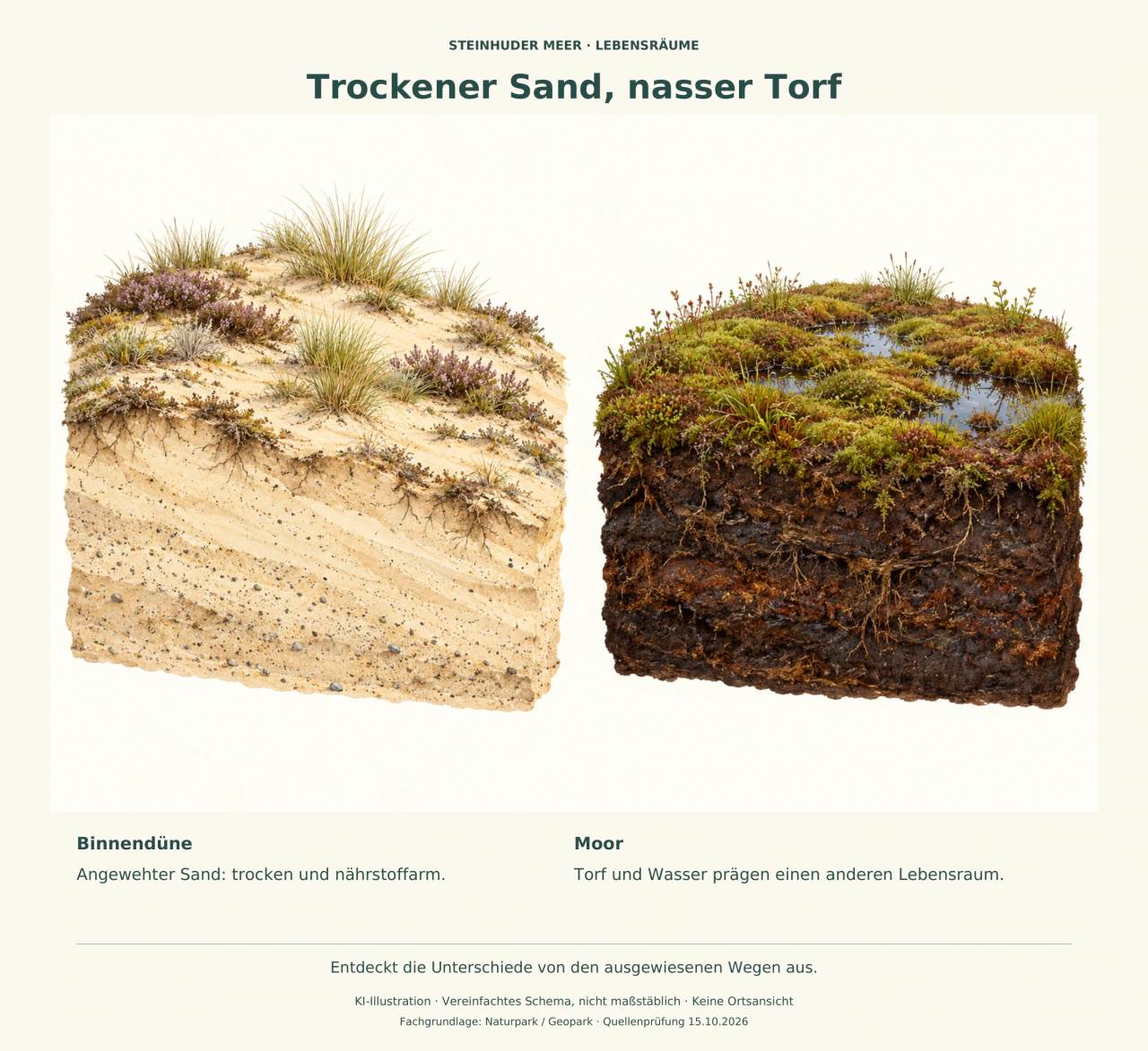 Zwei getrennte Bodenschnitte: heller Dünensand mit spärlicher Vegetation links, dunkler nasser Torf mit Moospolstern und kleinen Wasserflächen rechts.