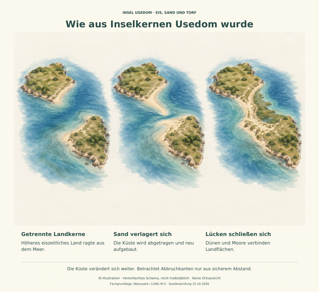 Drei schematische Küstenbilder zeigen getrennte Landkerne, wachsende Sandzungen und eine niedrige Verbindung mit Dünen und Feuchtgebiet.