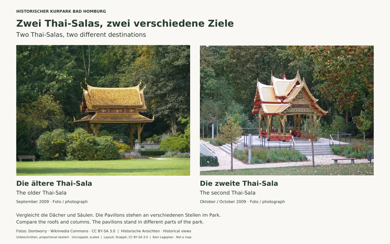 Links ein goldener Thai-Pavillon mit breitem Ziegeldach hinter Sträuchern und Rasen; rechts ein rot-goldener Pavillon mit mehreren steileren Dachgiebeln auf einer hellen Plattform mit Treppen und Geländer. Beide stehen vor Bäumen.