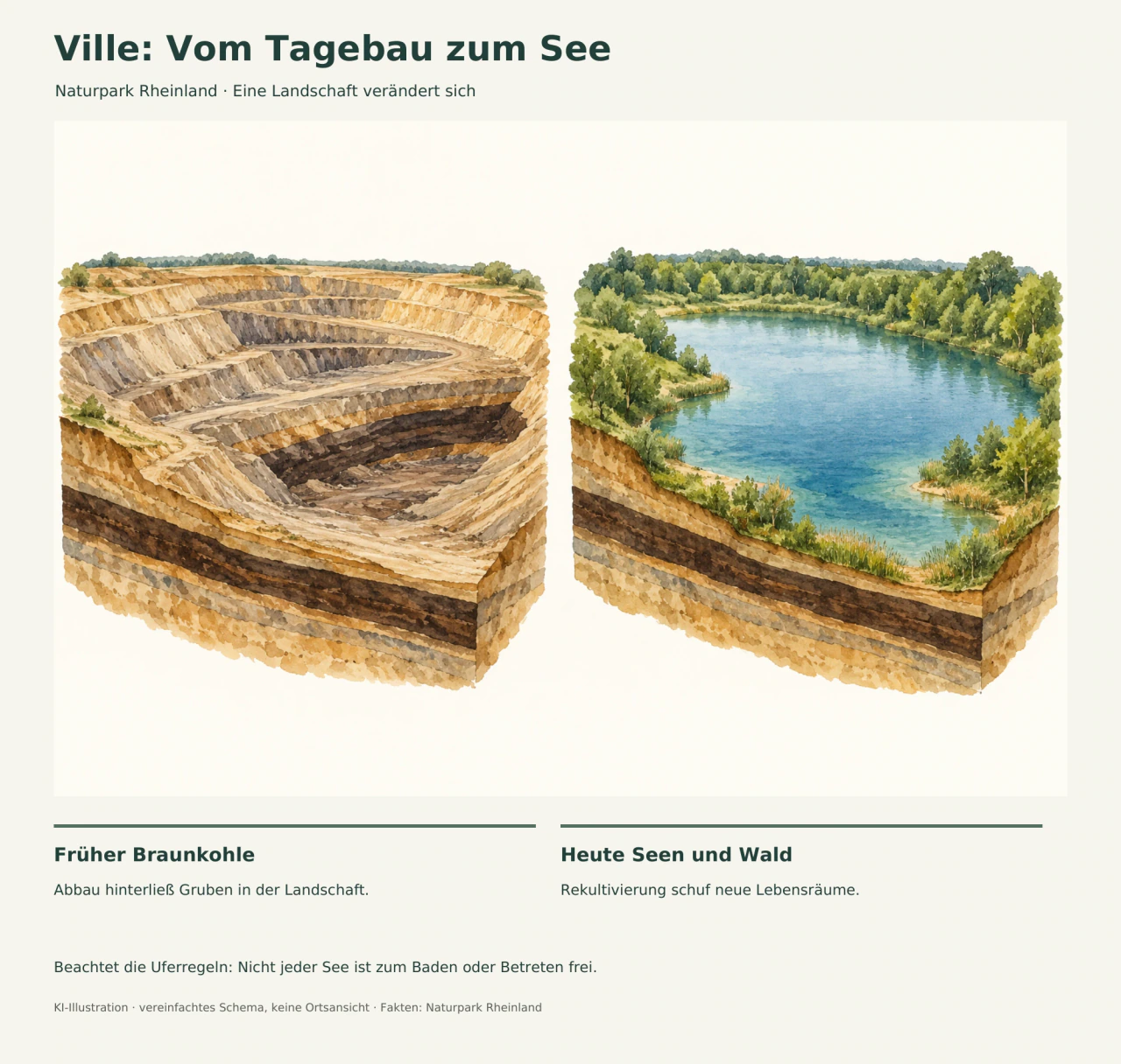 Links eine gezeichnete Braunkohlegrube mit terrassierten Erdwänden, rechts eine bewaldete Seemulde als Sinnbild der rekultivierten Landschaft.