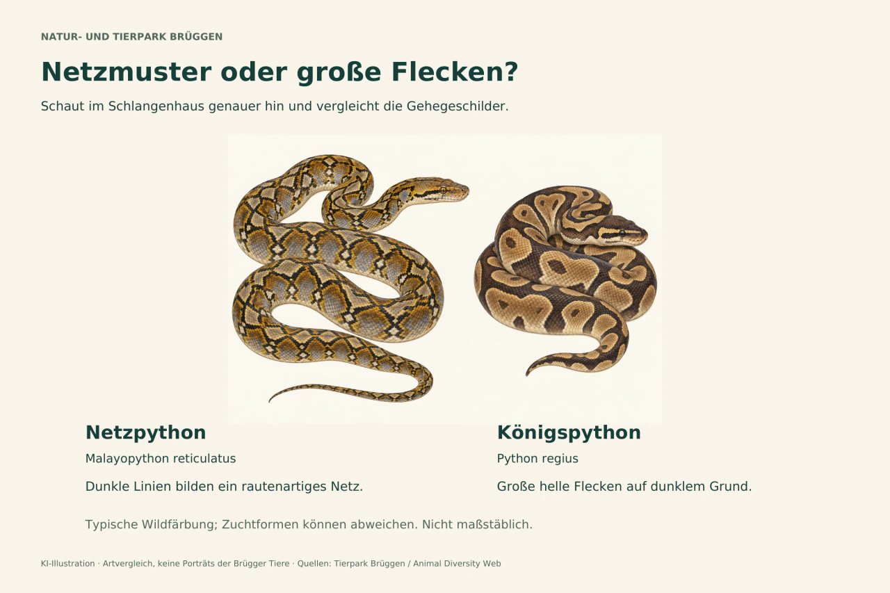 Links ein Netzpython mit dunklem Rautennetz, rechts ein Königspython mit großen hellbraunen Flecken. Beide Tiere sind vollständig gezeichnet; der Vergleich ist nicht maßstäblich.