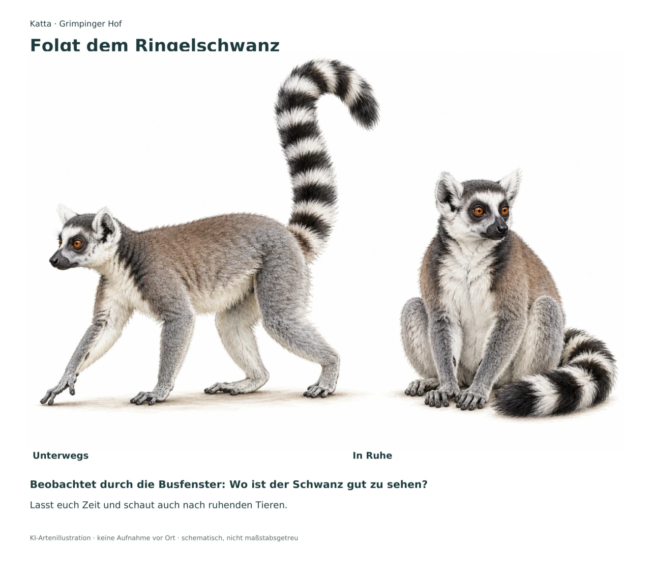Links läuft ein gezeichneter Katta mit aufgerichtetem schwarz-weiß geringeltem Schwanz. Rechts sitzt ein Katta, dessen geringelter Schwanz neben dem Körper liegt.