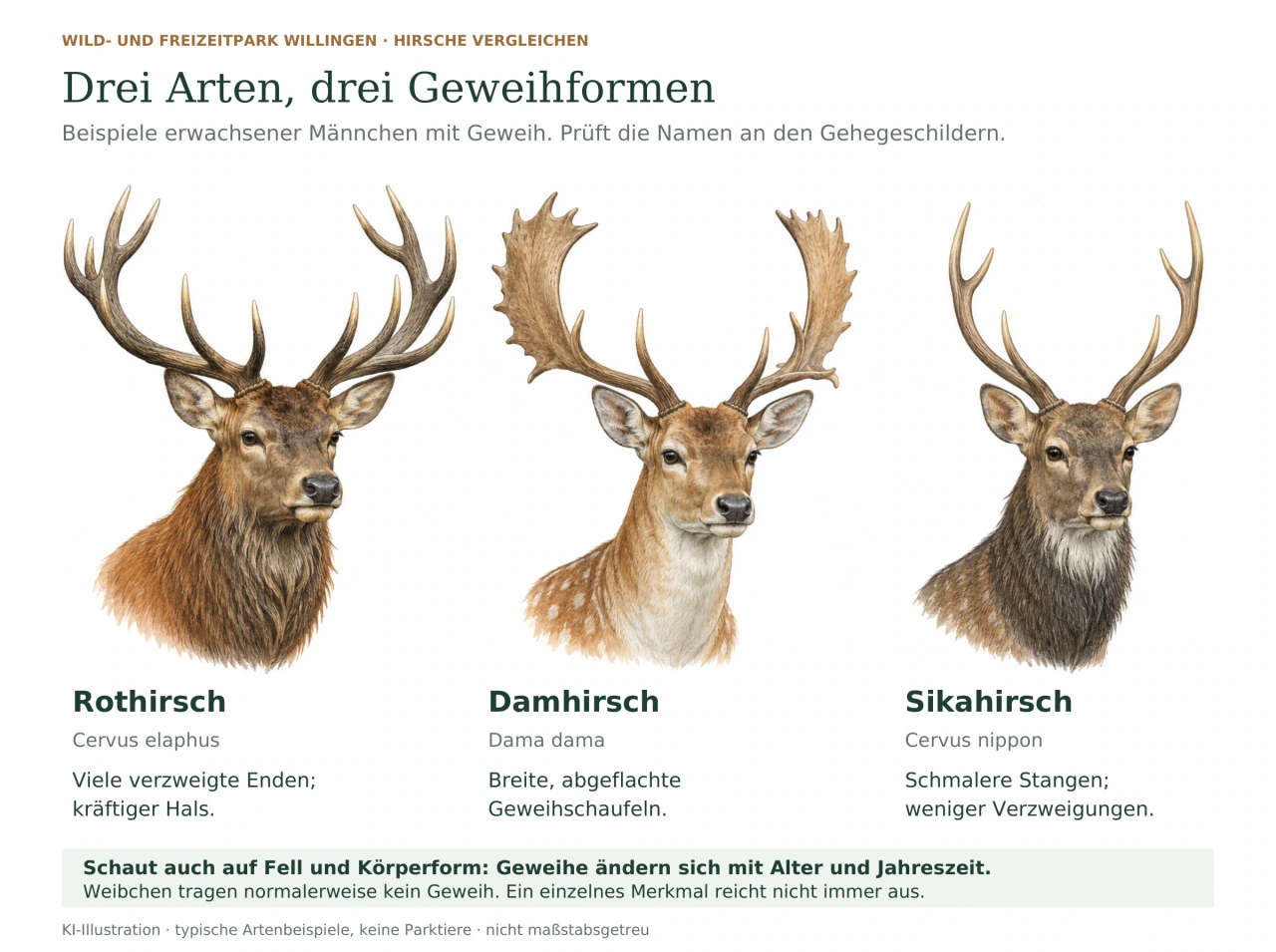 Drei beschriftete Hirschporträts: Rothirsch mit stark verzweigtem Geweih, Damhirsch mit breiten Schaufeln und Sikahirsch mit schmaleren, weniger verzweigten Stangen.
