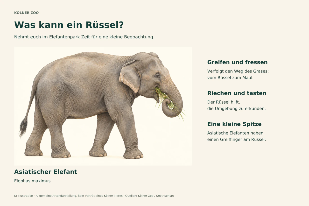 Illustration eines Asiatischen Elefanten mit kleinen Ohren und gewölbtem Rücken, der Gras mit dem Rüssel zum Maul führt. Daneben Hinweise auf Greifen, Riechen, Tasten und den einzelnen Greiffinger.