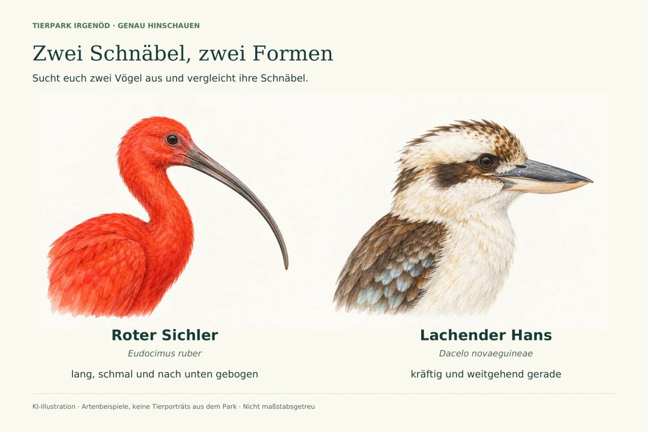 Zwei beschriftete Vogelporträts: links ein Roter Sichler mit langem, schmalem, nach unten gebogenem Schnabel; rechts ein Lachender Hans mit kräftigem, weitgehend geradem Schnabel. KI-Illustration, nicht maßstabsgetreu.