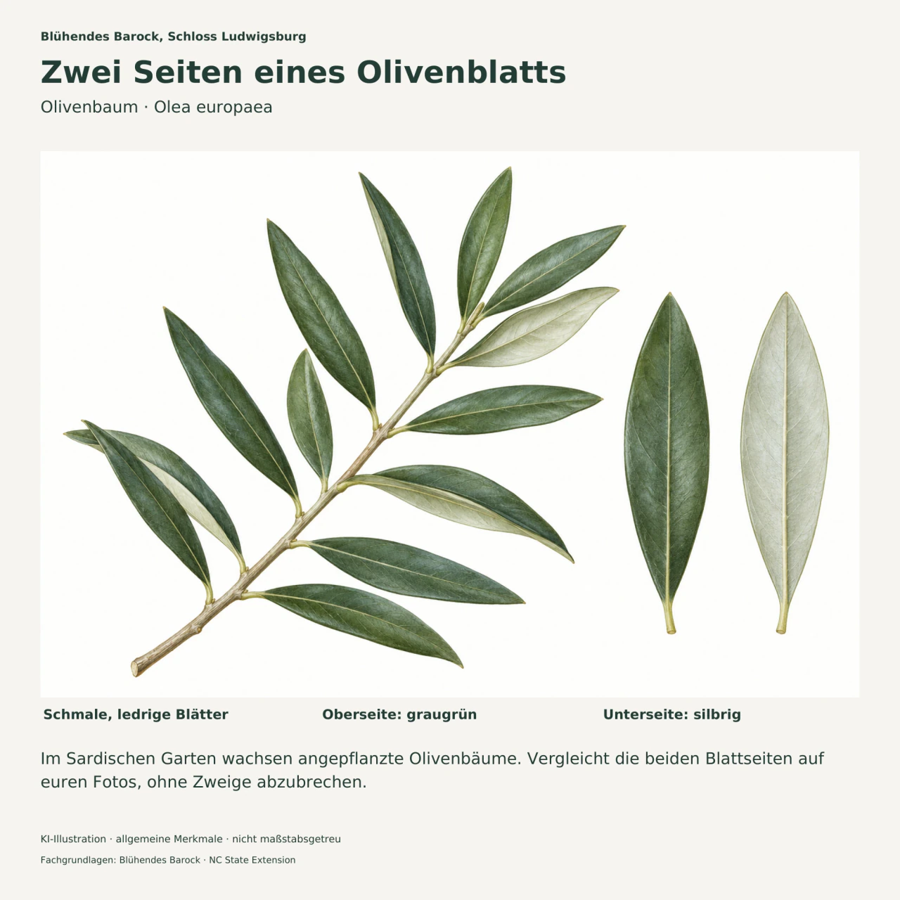 Illustration eines Olivenzweigs und zweier vergrößerter Blätter, die die dunklere Oberseite und die silbrige Unterseite zeigen.
