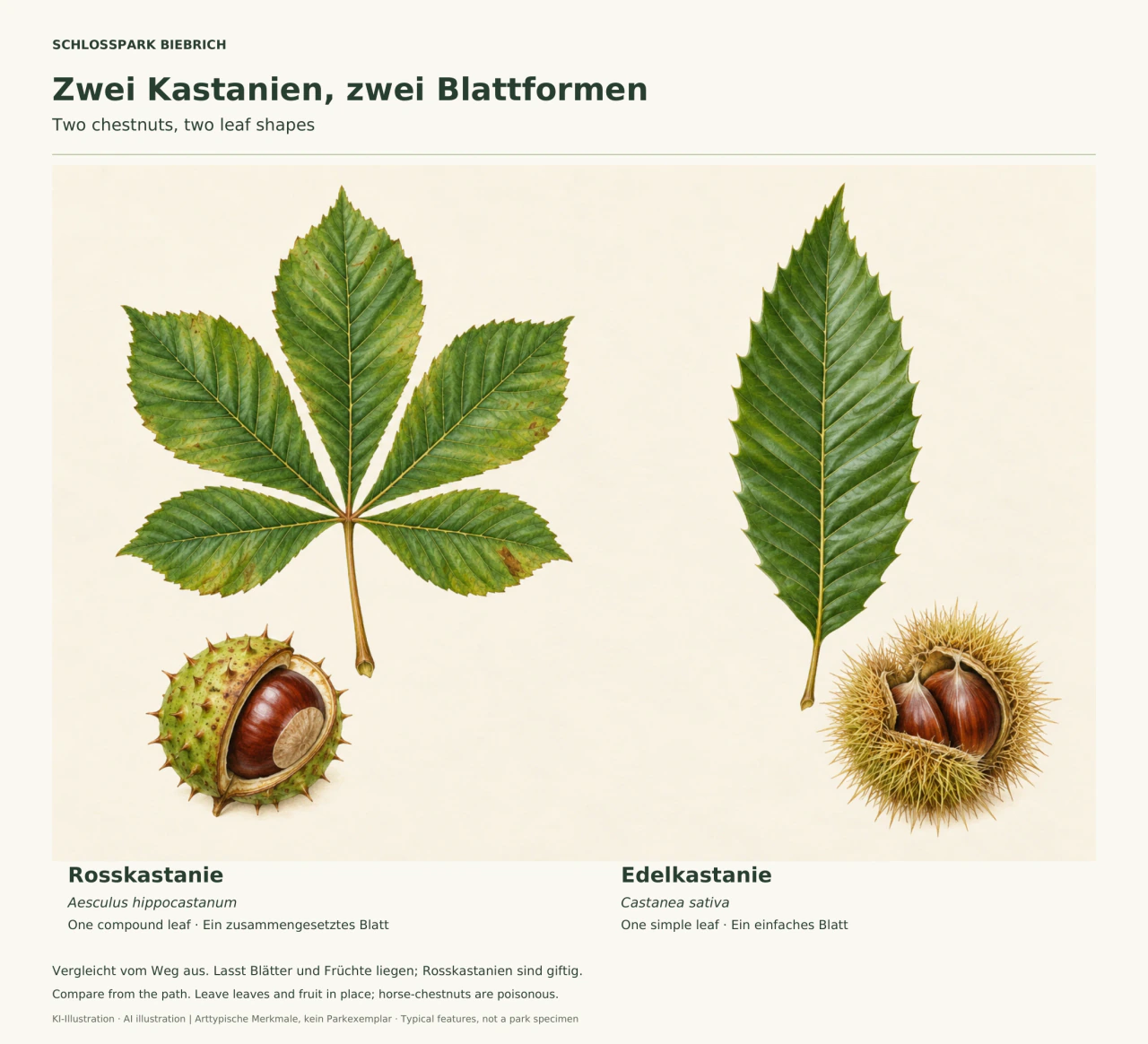 Botanische Illustration: links ein Rosskastanienblatt mit fünf strahlenförmigen Fiederblättchen und eine geöffnete, locker bestachelte Fruchthülle; rechts ein langes gezähntes Edelkastanienblatt und eine dicht bestachelte Hülle mit spitzen braunen Nüssen.