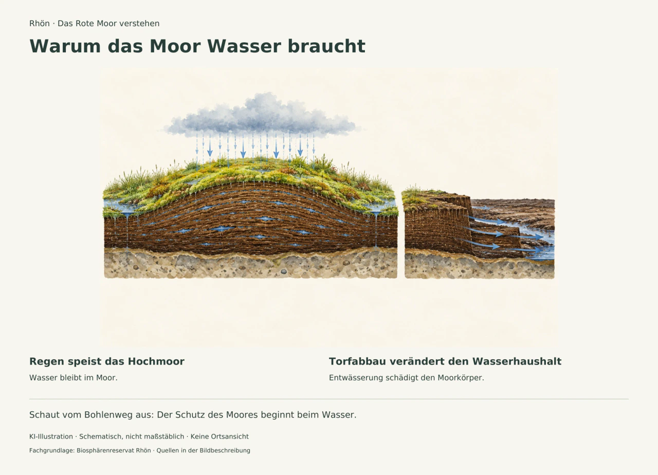 Schematischer Vergleich: links ein regenversorgter Moorkörper mit Moosdecke, rechts ein angeschnittener Torfkörper mit abfließendem Wasser.