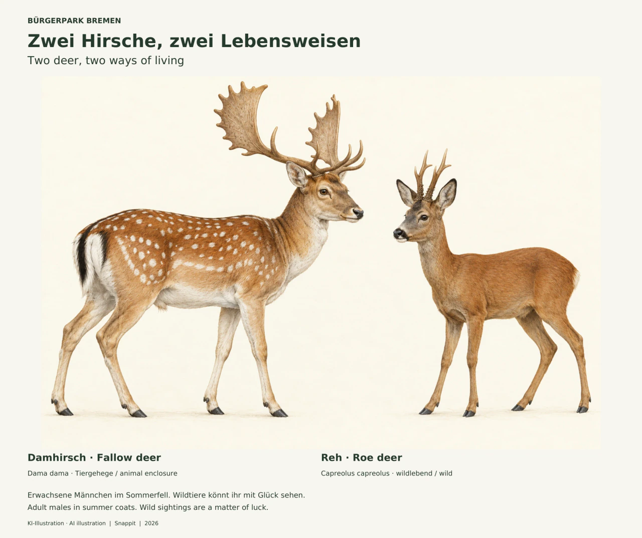 Ein größerer gefleckter Damhirsch mit breitem Schaufelgeweih steht links; rechts steht ein kleineres einfarbig rotbraunes Reh mit kurzen verzweigten Geweihstangen. Beide sind vollständig mit vier Beinen dargestellt.