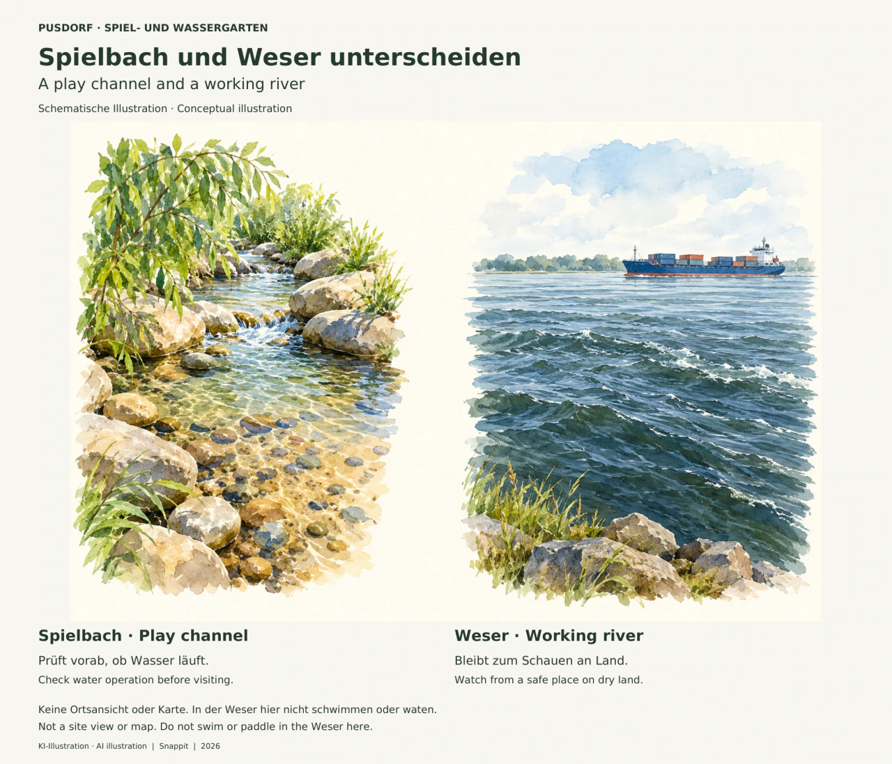 Zwei getrennte Aquarellvignetten: links klares flaches Wasser über sichtbaren Kieseln, gerahmt von grünen Blättern; rechts dunkler bewegter Fluss mit einem Frachtschiff in der Ferne. Die Beschriftung unterscheidet Spielbach und Weser.