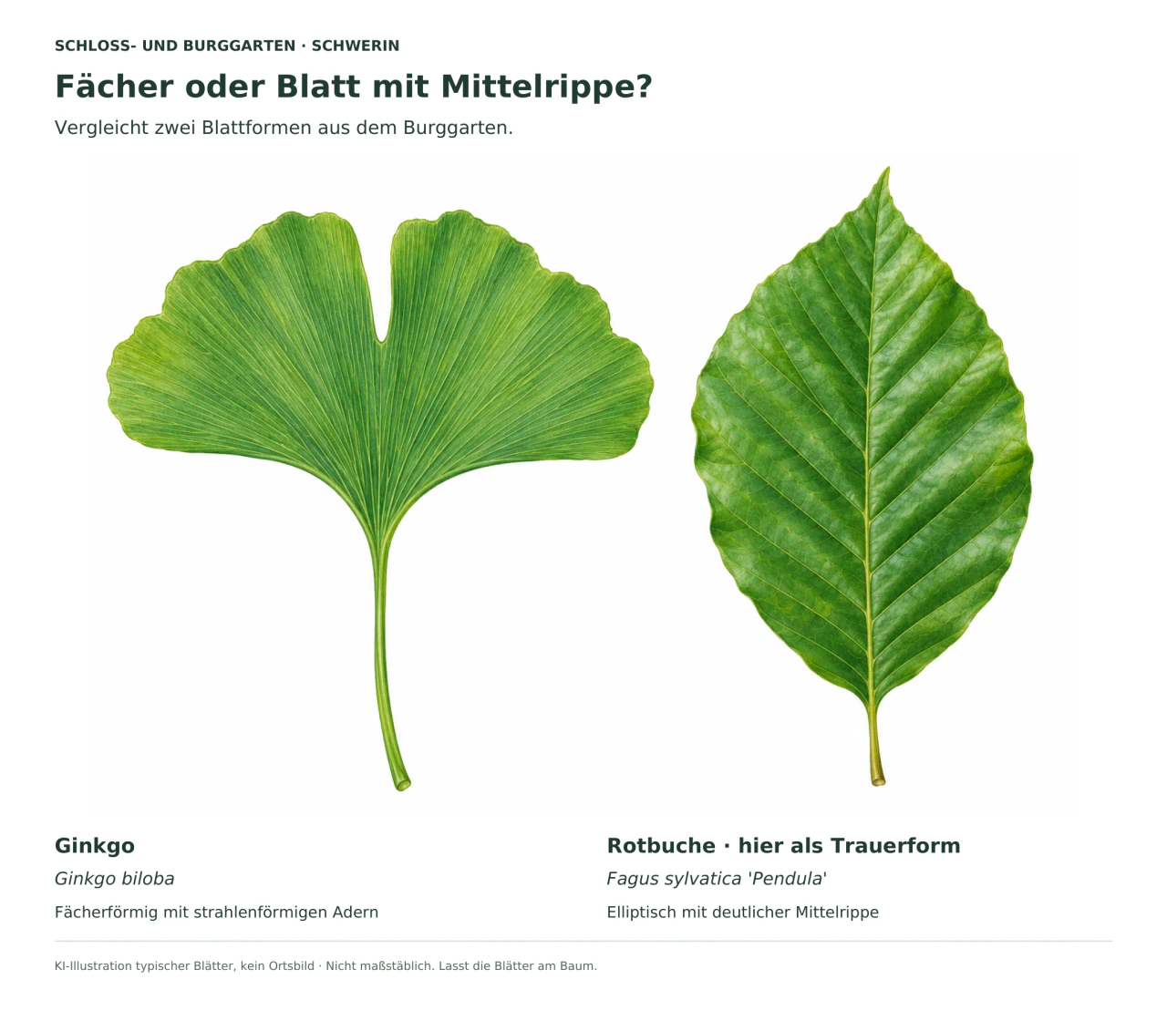 Botanische KI-Illustration: links ein grünes Ginkgoblatt mit strahlenförmigen Adern und mittiger Einkerbung, rechts ein elliptisches Buchenblatt mit Mittelrippe und seitlichen Adern.