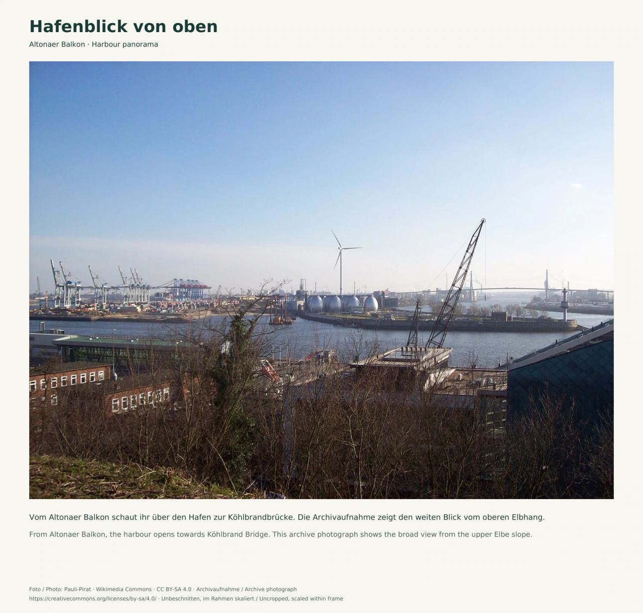 Blick über kahle Zweige und Hafengebäude auf einen breiten Wasserarm, Containerkräne, silberne Tanks und ein Windrad; rechts im Hintergrund spannt sich die Köhlbrandbrücke.
