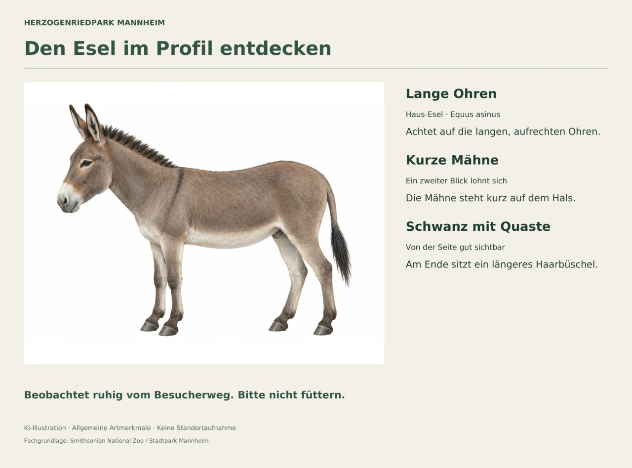 Ein graubrauner Esel steht seitlich; lange Ohren, kurze dunkle Mähne und eine Schwanzquaste sind sichtbar.