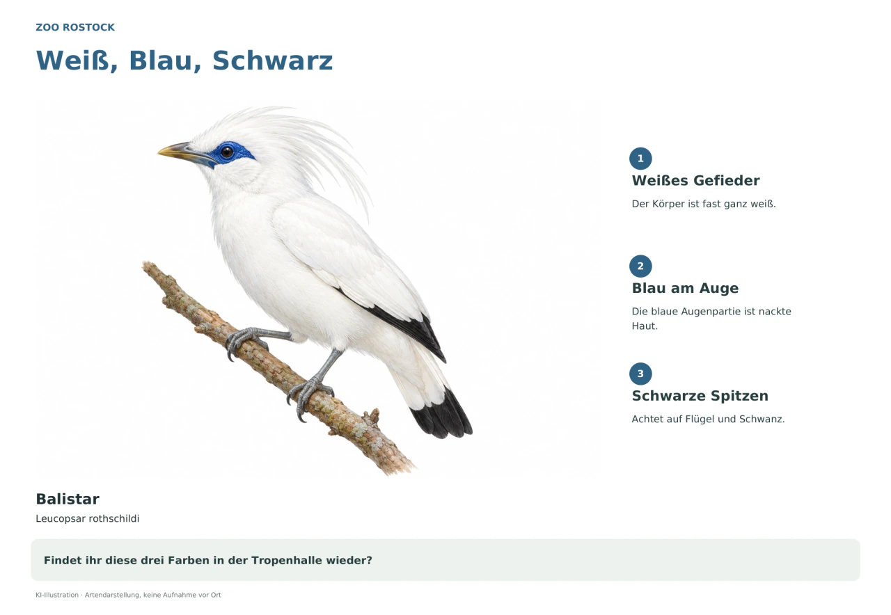 Eine naturkundliche Illustration zeigt einen weißen Balistar auf einem Zweig. Die Haut um das Auge ist blau, die Spitzen von Flügeln und Schwanz sind schwarz. Drei deutsche Hinweise lenken euren Blick auf diese Merkmale.