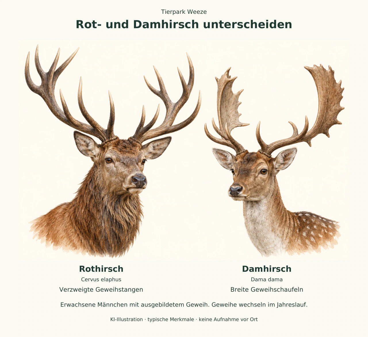 Links ein Rothirsch mit verzweigtem Geweih, rechts ein Damhirsch mit breiten Geweihschaufeln; beide als Kopfporträts.