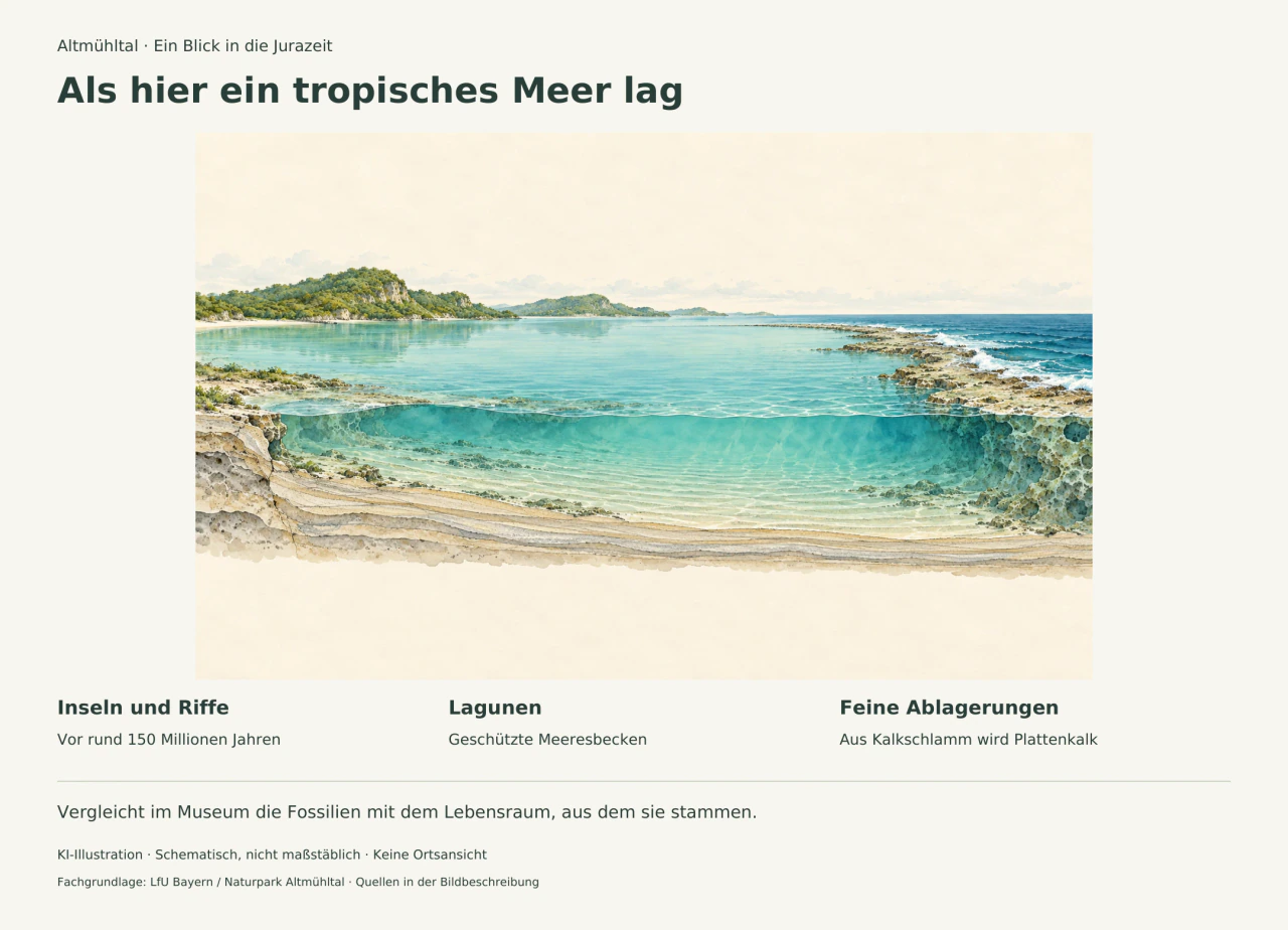 Schematisches Jura-Meer mit niedrigen Inseln, einer Lagune hinter einem Riff und feinen Ablagerungsschichten im aufgeschnittenen Meeresboden.