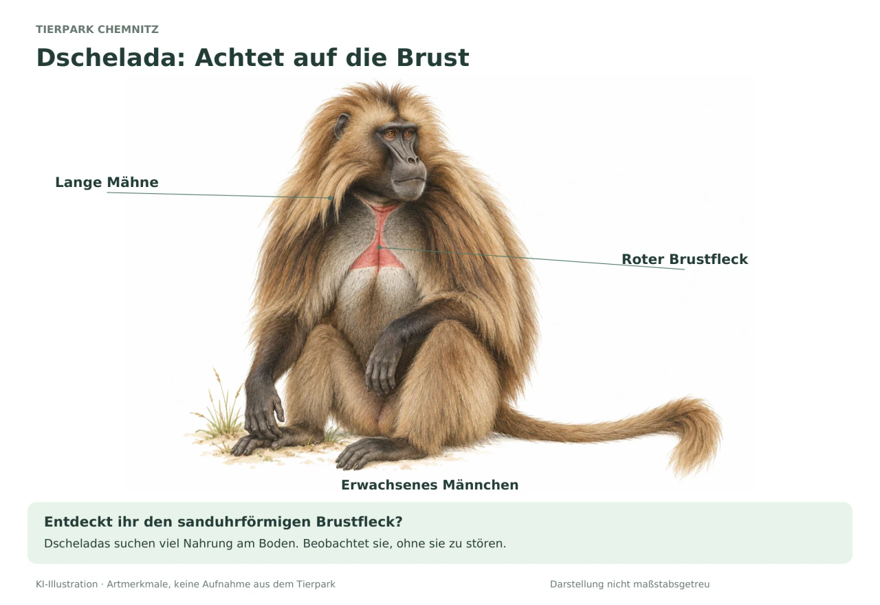 Beschriftete Illustration eines sitzenden Dschelada-Männchens mit langer brauner Mähne, dunklem Gesicht und rotem sanduhrförmigem Brustfleck.