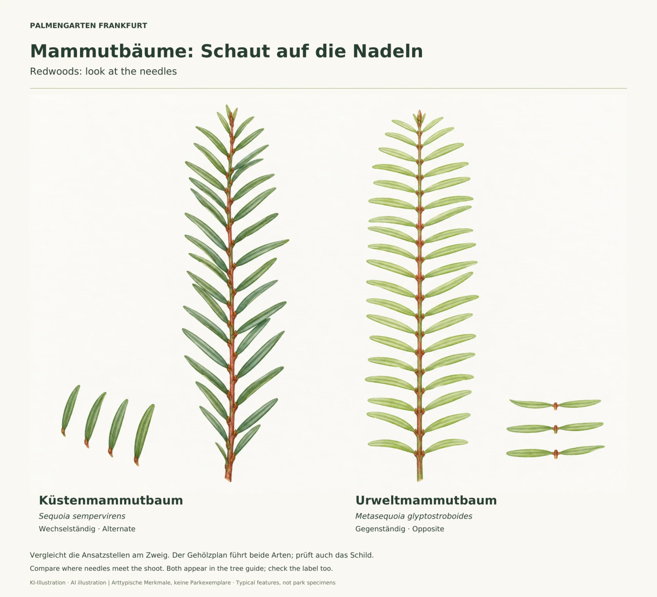 Zwei illustrierte Nadelzweige auf hellem Grund: links Küstenmammutbaum mit versetzten Nadelansätzen, rechts Urweltmammutbaum mit paarweise gegenüberliegenden Nadeln. Kleine Detailzeichnungen verdeutlichen die Ansatzstellen.