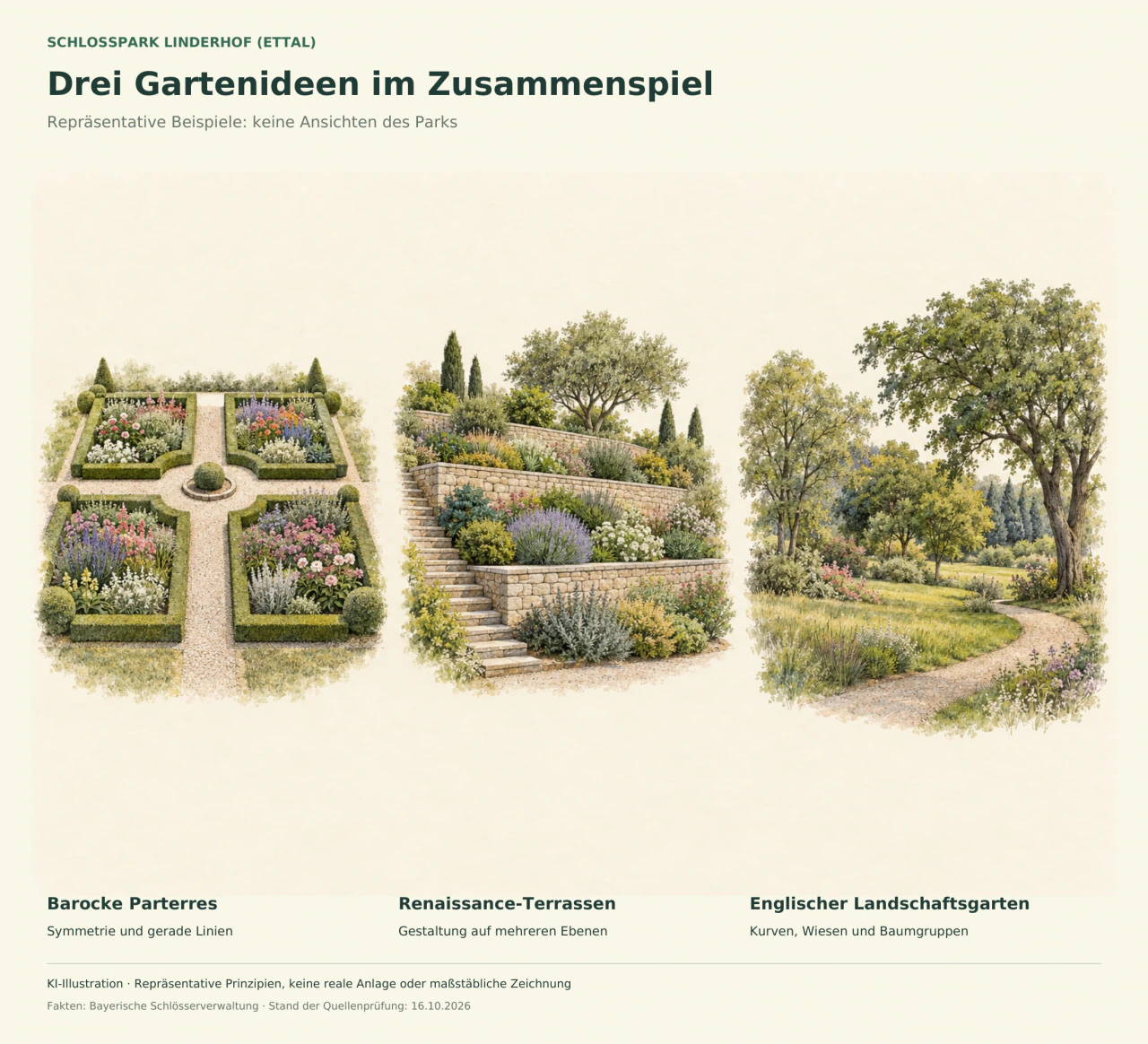 Drei Aquarellszenen zeigen symmetrische, heckengesäumte Blumenbeete, bepflanzte Terrassen mit niedrigen Steinmauern und seitlicher Treppe sowie einen geschwungenen Weg durch eine Wiese mit locker gruppierten Bäumen.