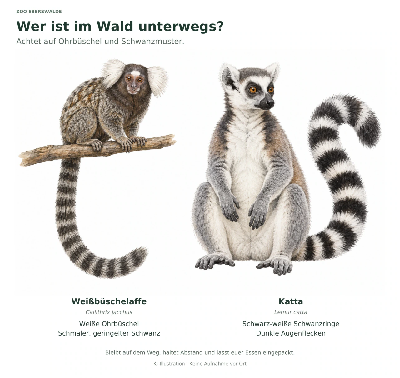 Links sitzt ein gezeichneter Weißbüschelaffe mit weißen Ohrbüscheln und geringeltem Schwanz auf einem Ast. Rechts sitzt ein Katta mit grauem Fell, dunklen Augenflecken und langem schwarz-weißem Schwanz. Deutsche Merkmalsbeschriftungen stehen darunter.