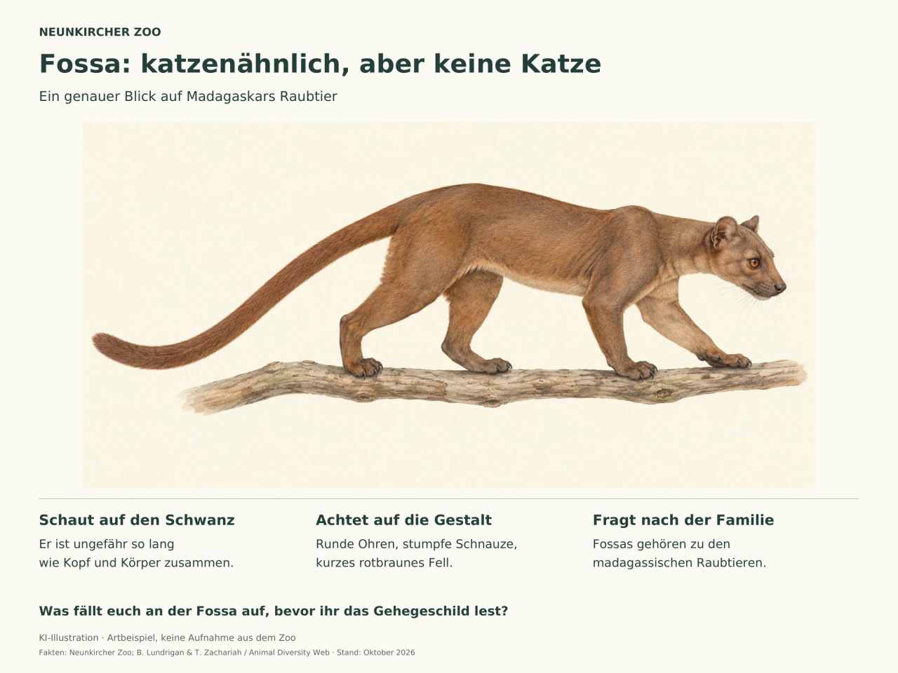 Naturkundliche Illustration einer rotbraunen Fossa auf einem einzelnen Ast. Drei Textfelder lenken den Blick auf Schwanz, Körpergestalt und Tierfamilie.