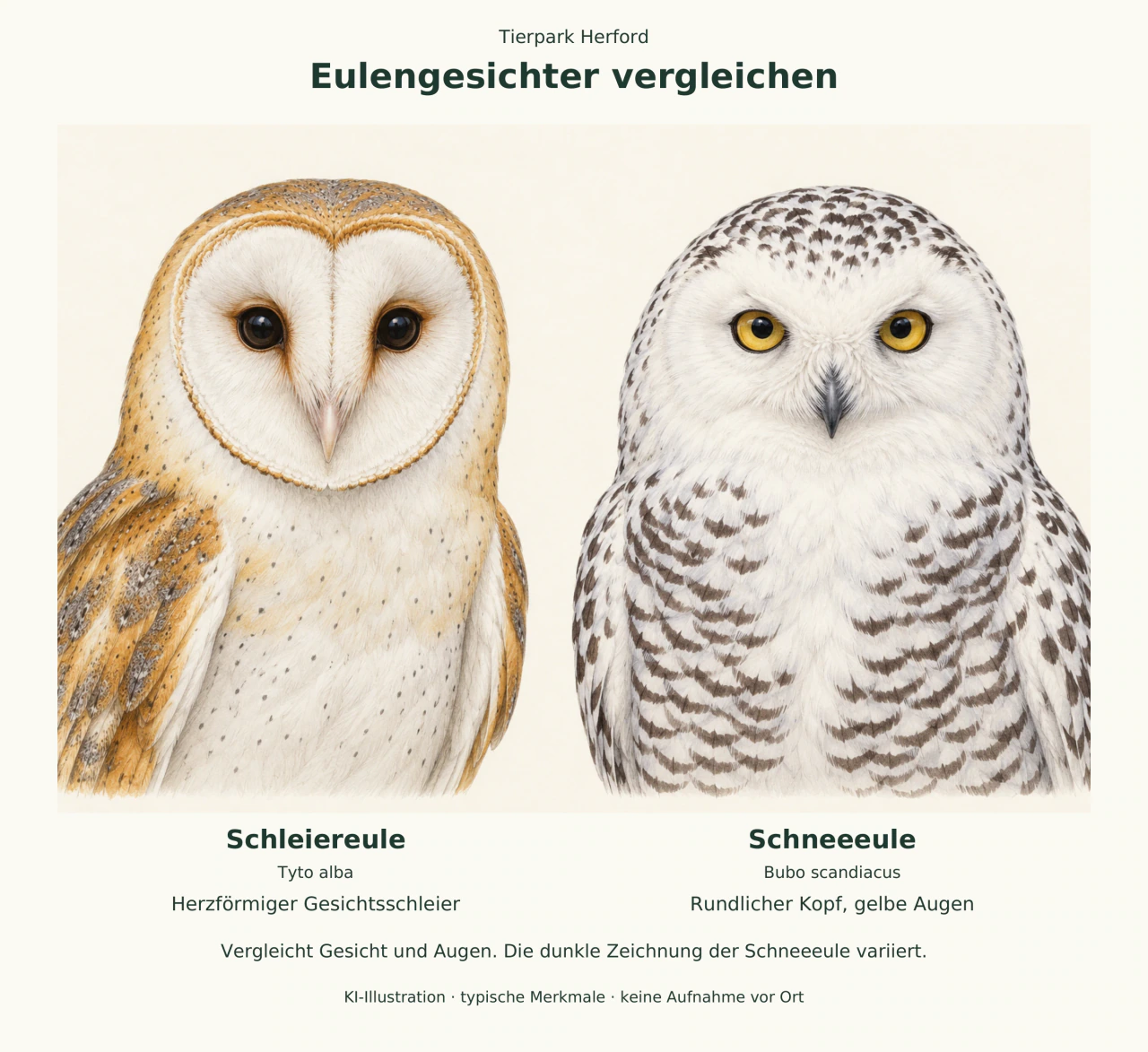Links eine Schleiereule mit herzförmigem Gesicht und dunklen Augen, rechts eine gebänderte Schneeeule mit gelben Augen.