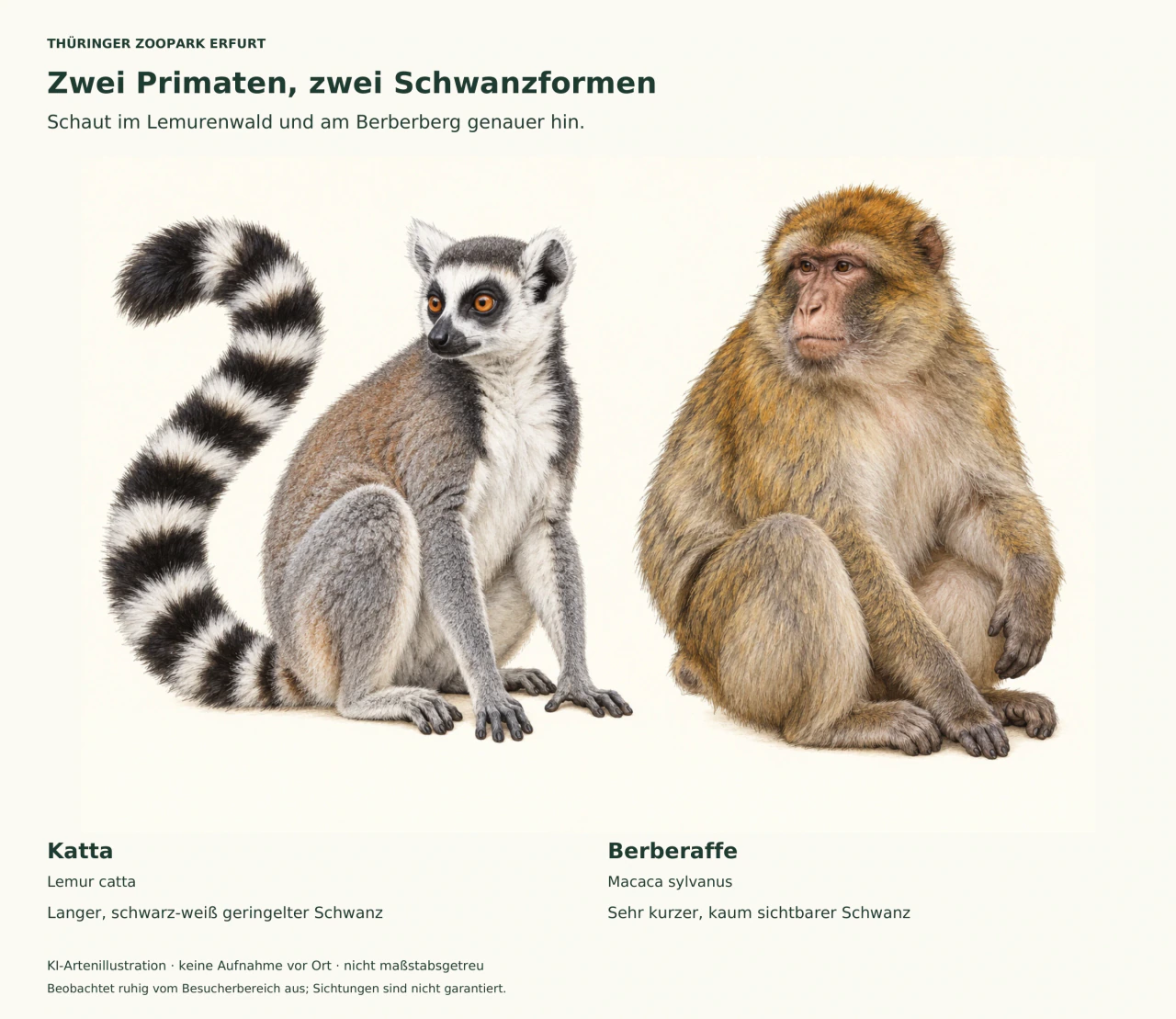 KI-Illustration auf hellem Grund: Links sitzt ein grauer Katta mit langem, schwarz-weiß geringeltem Schwanz, rechts ein brauner Berberaffe ohne hervorstehenden Schwanz. Deutsche Beschriftungen benennen beide Arten und ihre Schwanzformen.