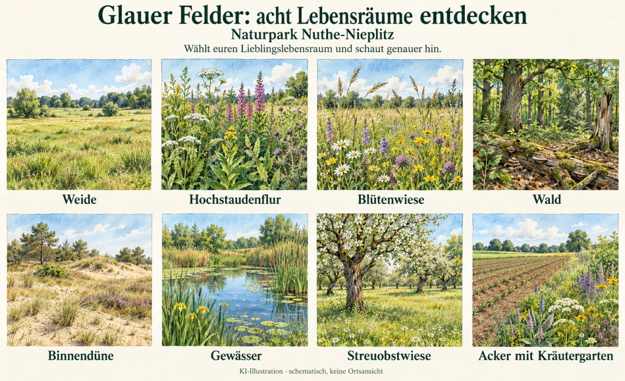 Acht beschriftete Habitatbilder in zwei Reihen: Weide, Hochstaudenflur, Blütenwiese, Wald, Binnendüne, Gewässer, Streuobstwiese und Acker mit Kräutergarten.
