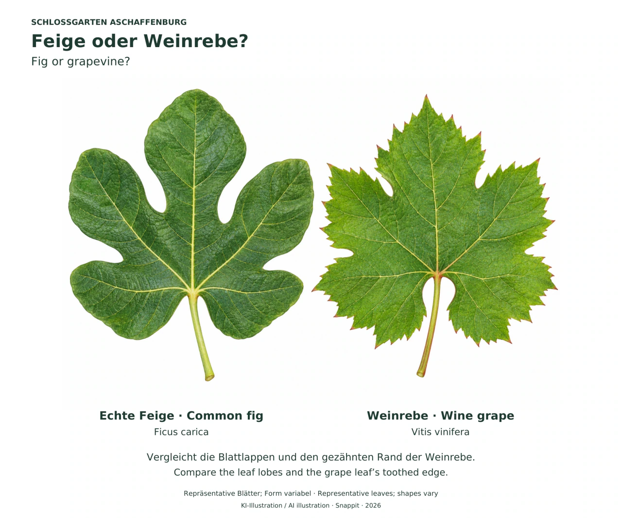 Zwei grüne Blätter auf Weiß: links ein Feigenblatt mit tiefen, rundlichen Lappen, rechts ein Weinblatt mit spitzeren Lappen und gezähntem Rand.