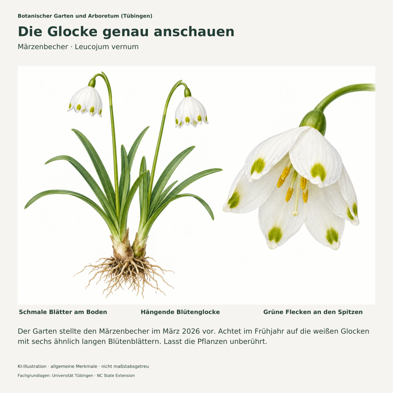 Märzenbecher mit schmalen Grundblättern, zwei hängenden weißen Glocken und einer vergrößerten Blüte mit sechs ähnlich langen, grün markierten Blütenblättern.