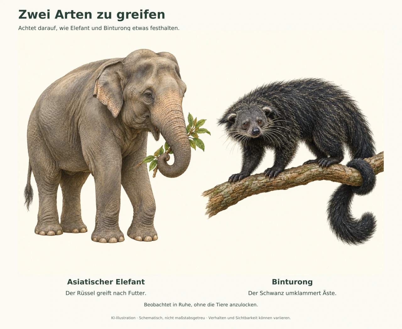 Illustration eines Asiatischen Elefanten mit einem Zweig im Rüssel und eines Binturongs, dessen langer Schwanz einen Ast umklammert. Deutsche Beschriftung erklärt die beiden Greifweisen.