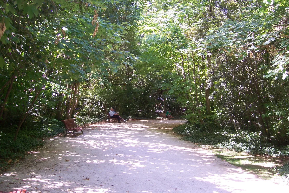 A broad pale path curves through dense green trees, with wooden benches and a few distant seated visitors in dappled shade.