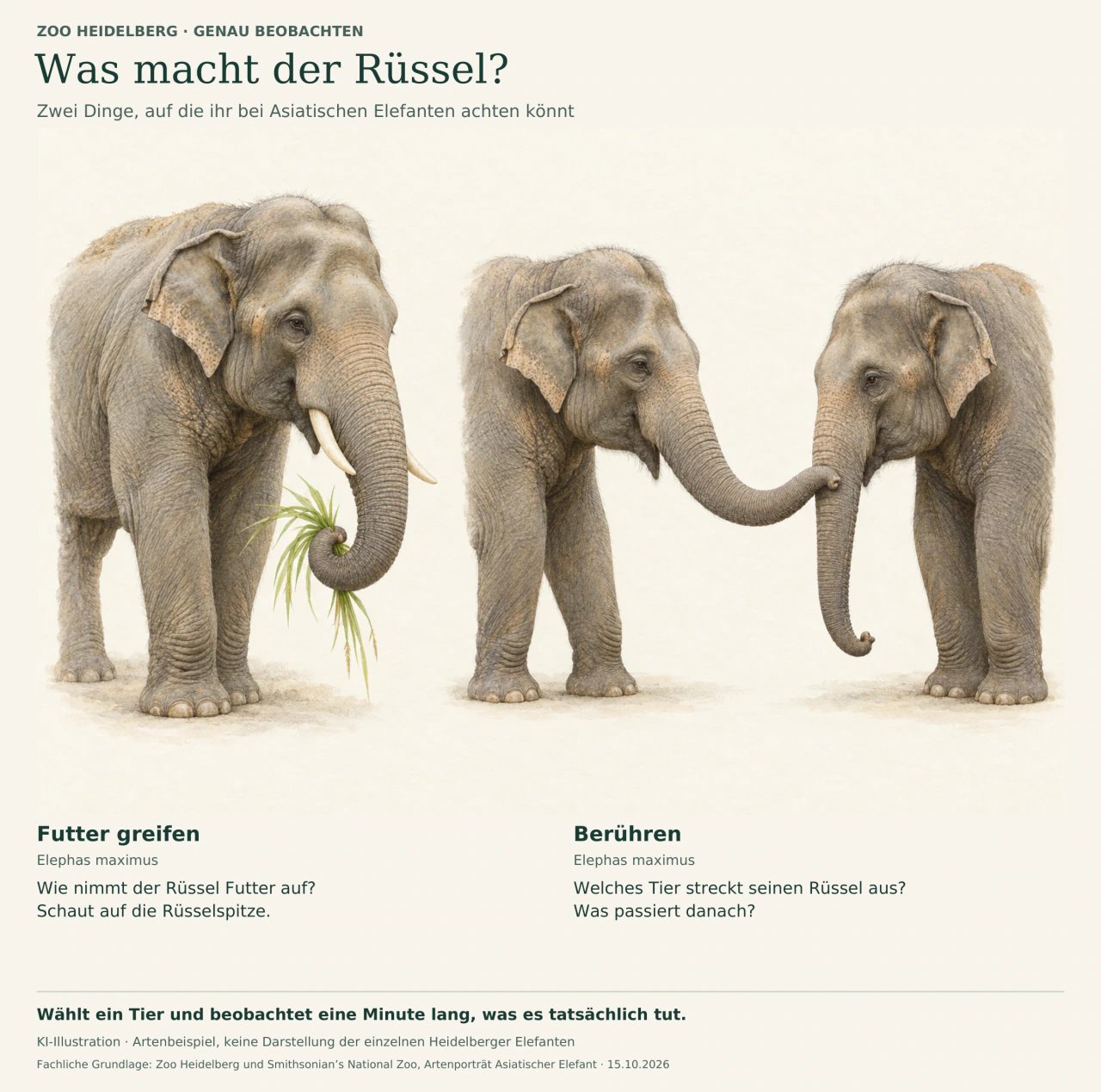 Erklärende KI-Zeichnung: Links greift ein Asiatischer Elefant mit eingerolltem Rüssel einen Grasbüschel. Rechts berührt ein Elefant mit ausgestrecktem Rüssel den Rüssel eines anderen. Deutsche Fragen laden zum Beobachten ein.