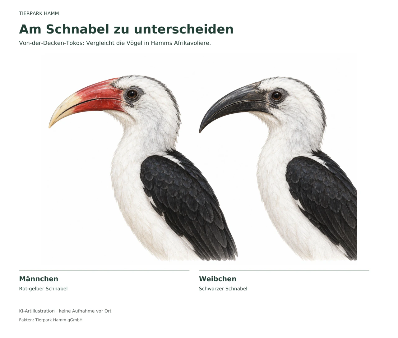 KI-Vergleich zweier Von-der-Decken-Tokos: links ein Männchen mit rot-gelbem Schnabel, rechts ein Weibchen mit schwarzem Schnabel.