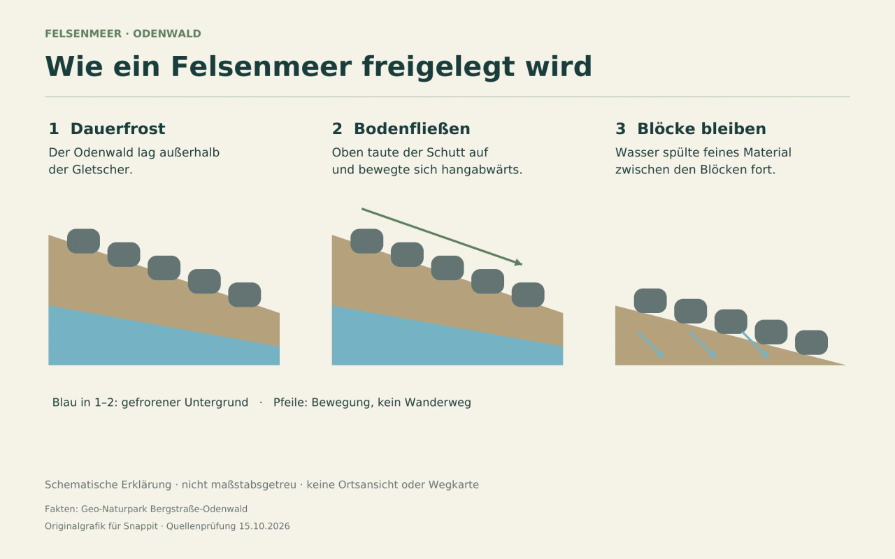 Drei schematische Hangquerschnitte zeigen Dauerfrost, hangabwärts gleitenden Schutt und freigelegte Blöcke.