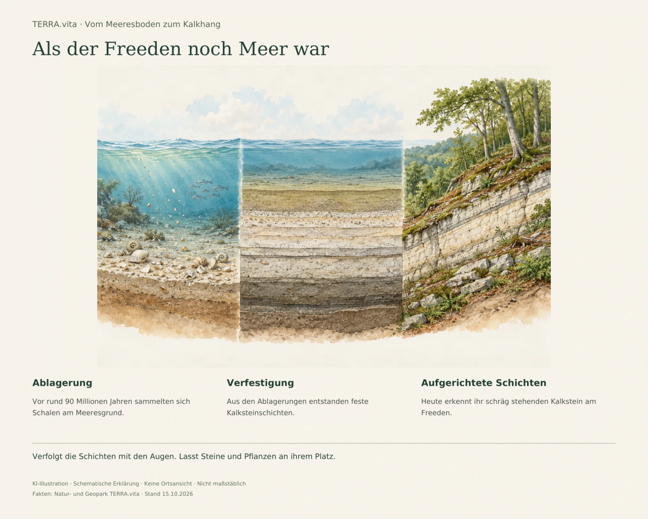 Drei schematische Schnitte zeigen Schalenteilchen am Meeresgrund, horizontale Kalkschichten und später schräg stehende Schichten unter Wald.