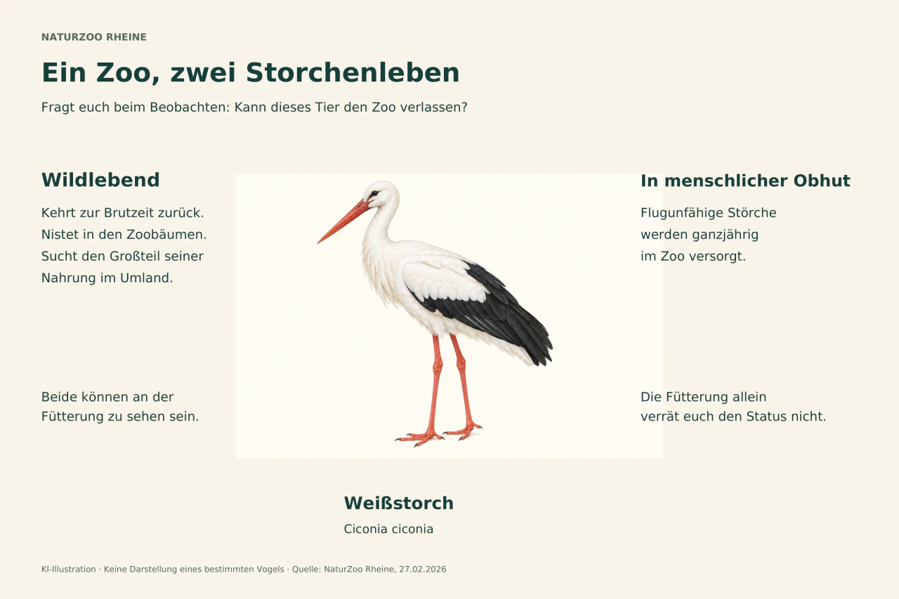 Ein gezeichneter Weißstorch steht zwischen zwei Erläuterungen: Wildstörche brüten in Zoobäumen und suchen Nahrung im Umland; flugunfähige Störche werden ganzjährig versorgt. Beide können bei der Fütterung auftauchen.