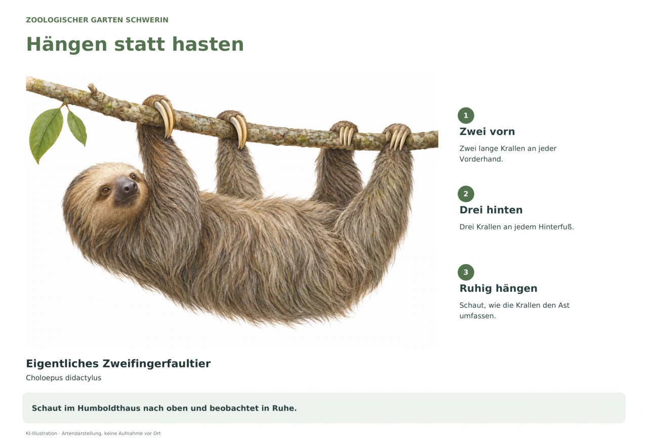 Eine naturkundliche Illustration zeigt ein braungraues Zweifingerfaultier, das unter einem Ast hängt. An den Vorderhänden sind je zwei lange Krallen zu sehen, an den Hinterfüßen je drei. Deutsche Erläuterungen laden euch ein, die Greifhaltung im Humboldthaus zu beobachten.