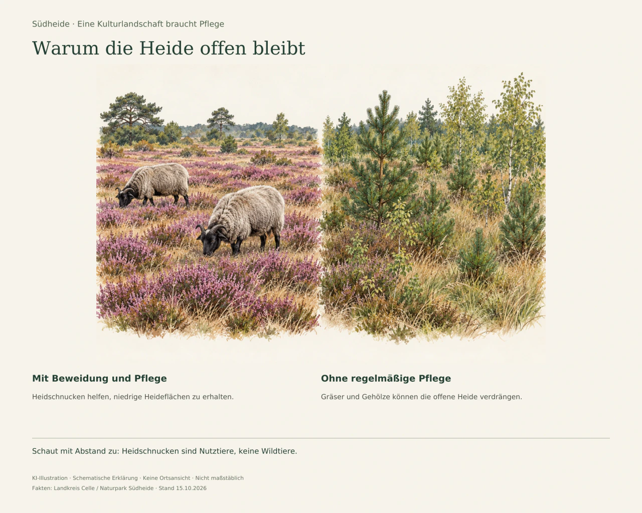 Zwei gezeichnete Heideflächen: links niedrige Heide mit grauen Schafen, rechts mehr Gras und junge Bäume.