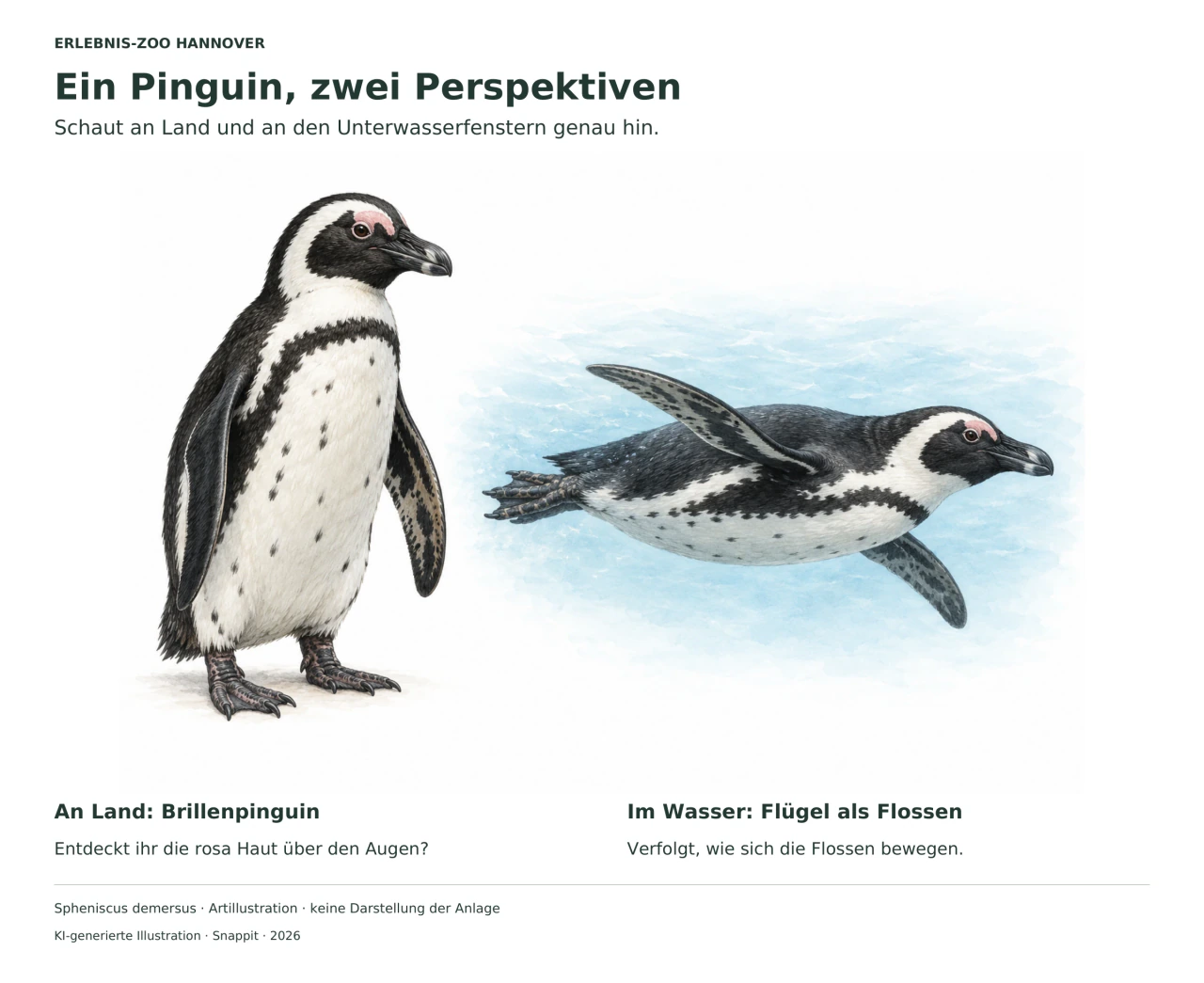 Zwei Artillustrationen eines Brillenpinguins: links aufrecht, rechts schwimmend mit ausgestreckten Flossen; rosa Hautpartie am Auge erkennbar.