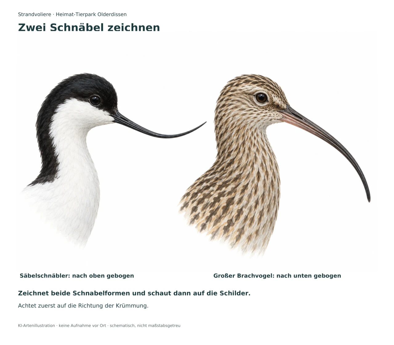 Zwei gezeichnete Vogelköpfe im Profil: links ein schwarz-weißer Säbelschnäbler mit dünnem aufwärts gebogenem Schnabel, rechts ein braun gestreifter Großer Brachvogel mit langem abwärts gebogenem Schnabel.