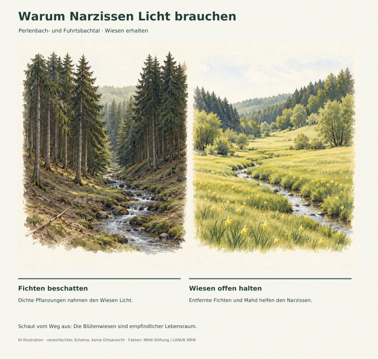 Zwei gezeichnete Bachtäler: links dunkle Fichten und wenig Bodenvegetation, rechts eine offene, helle Wiese mit kleinen gelben Narzissen.